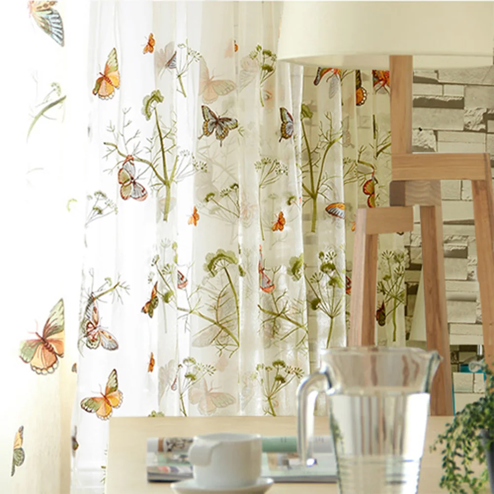 

White Flocking Curtains Tulle Embroidery Tulle butterfly Plant Gauze Curtain Yarn White Gauze for Living Room Bedroom Sheer