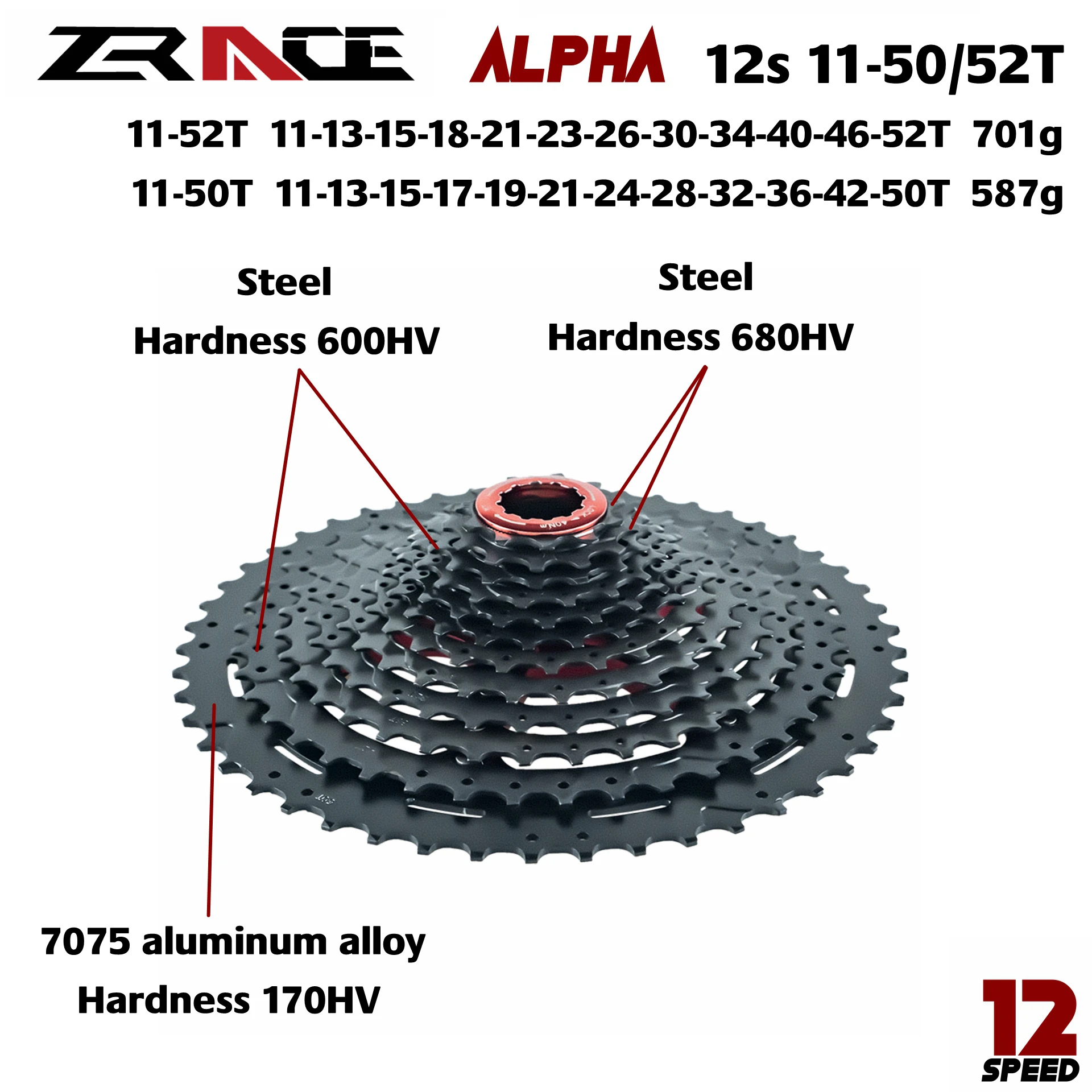 ZRACE Alpha 12s легкая кассета 12 скоростей MTB велосипед freewheel 11-50 T/11-52 T-черный, совместимый M9100/XX1 X01 GX NX Eagle