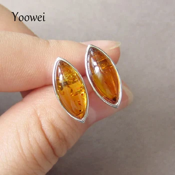 

Yoowei Amber Earrings for Girl 100% Natural Cognac Color Oval Stud Earring Baltic Amber Jewelry Pendientes ambar Women kehribar