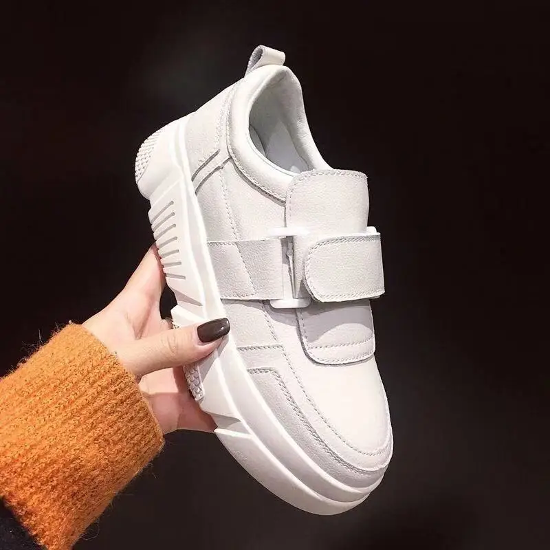 

High Quality White Beige Women Sneakers 2019 Spring Breathable Leather Casual Shoes Platform Magic paste Shoes zapatos de mujer