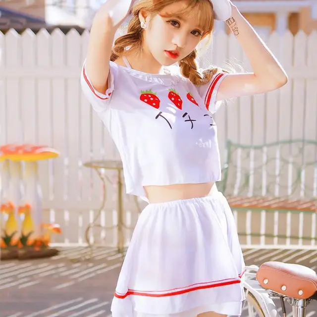 New Japanese Women Conservative Push up Bikinis Strawberry Print Four Piece Dress Slim Swimsuits