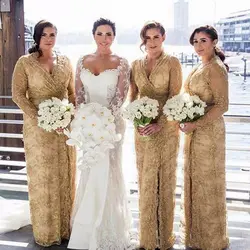 2018 Золотое платье подружки невесты с v-образным вырезом и длинными рукавами с кружевной аппликацией, с разрезом по бокам, большие размеры