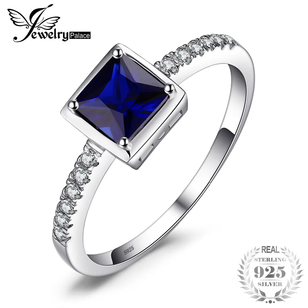 JewelryPalace Square 0.9ct Created Blue Sapphire Solitaire Ring 925 Sterling Silver Engagement Jewelry for Women Fashion Jewelry