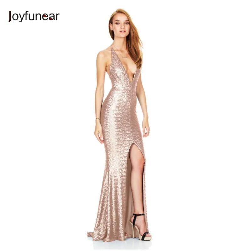 

Joyfunear Solid Sequin Dress Halter Deep V Sleeveless Maxi Long Dresses Women Bodycon Backless Split Evening Party Dress Elegant