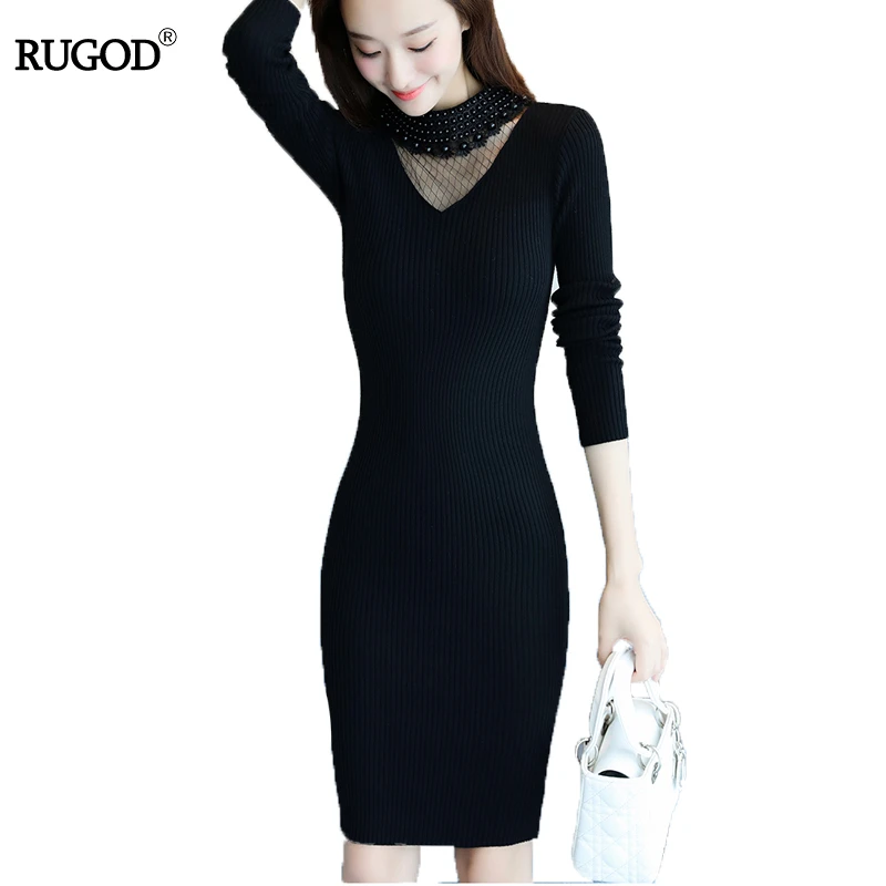 RUGOD 2018 New Fashion Winter Dress V neck Long Sleeve Solid Sexy Dress Lace Knee Length