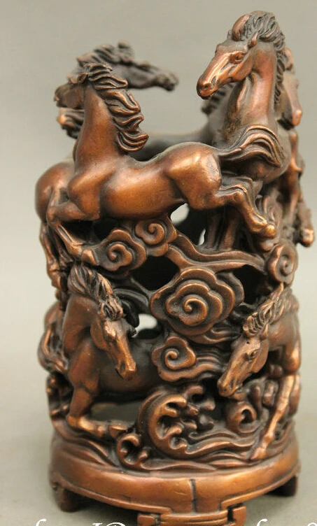 

Chinese Pure Bronze Auspicious 8 Horse Sculpture Statue Brush Pot Pencil Vase