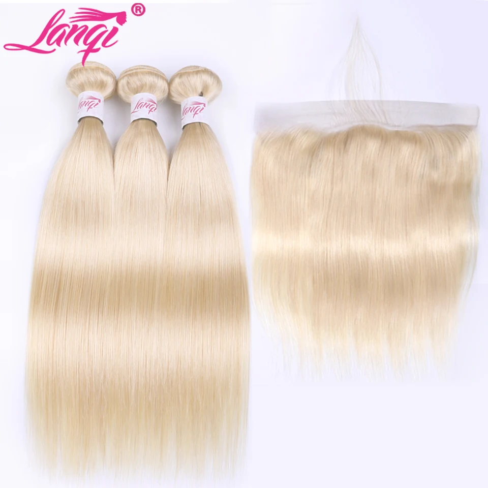 

613 bundles with frontal Closure 13*4 lace Pre Plucked lanqi Brazilian Straight Human hair Weave Blonde Bundles with closure