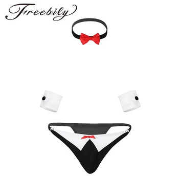 

3Pcs Novelty Gay Mens Lingerie Bow Tie Butler Tuxedo Low-rise Thong G-string Briefs with Collar and Handcuffs for Mens Costumes