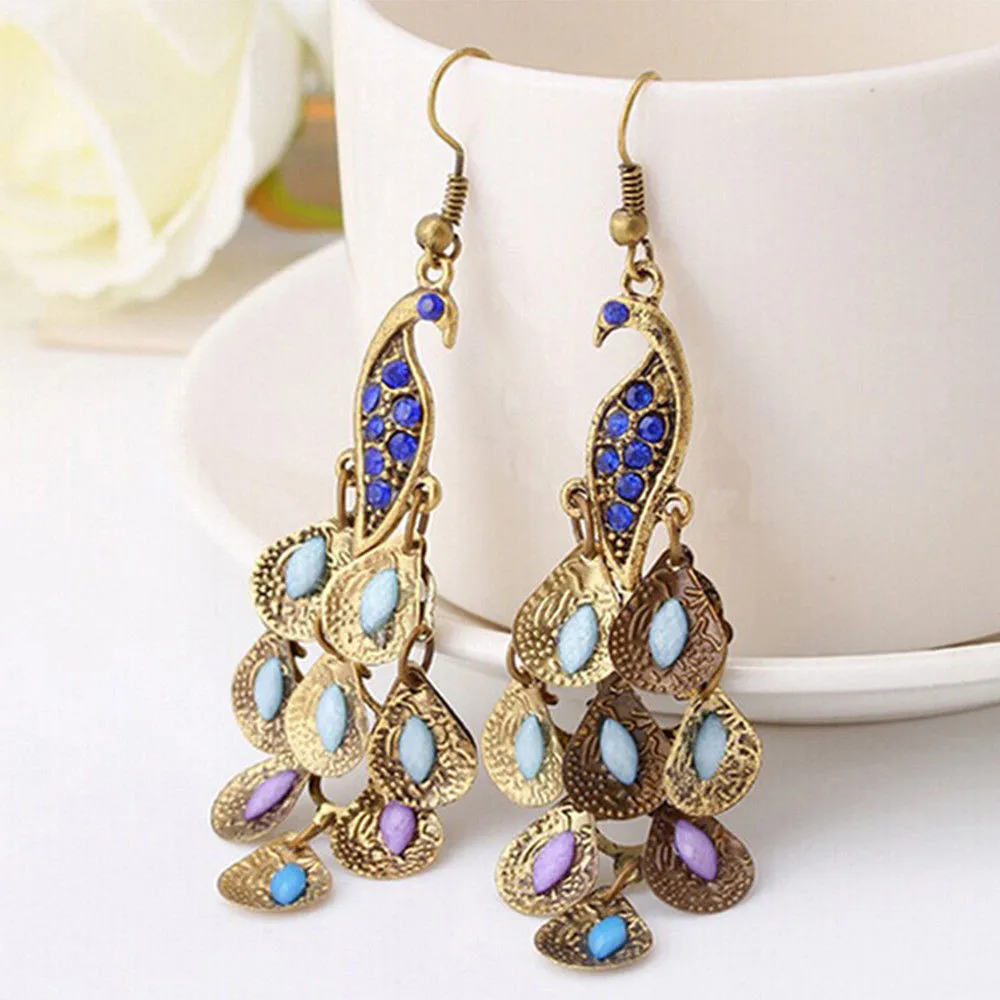 

Retro Charming Boho Blue Rhinestone Peacock-Pattern Teardrop Tail Dangle Earring