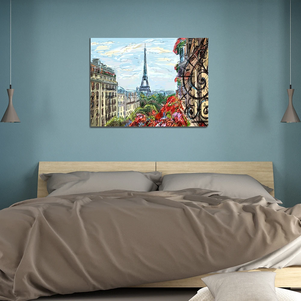 Hand Drawn Eiffels Tower Decor Canvas Painting Calligraphy Picture For Coffee House Living Room Home Decor Artwork Wall No Frame