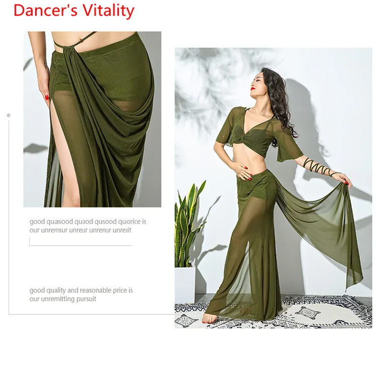Сетчатый Красный Зеленый сексуальный прозрачный женский костюм для танца живота 2 шт. длинная юбка одежда для Танцовщица команда танец живота Одежда для танцев