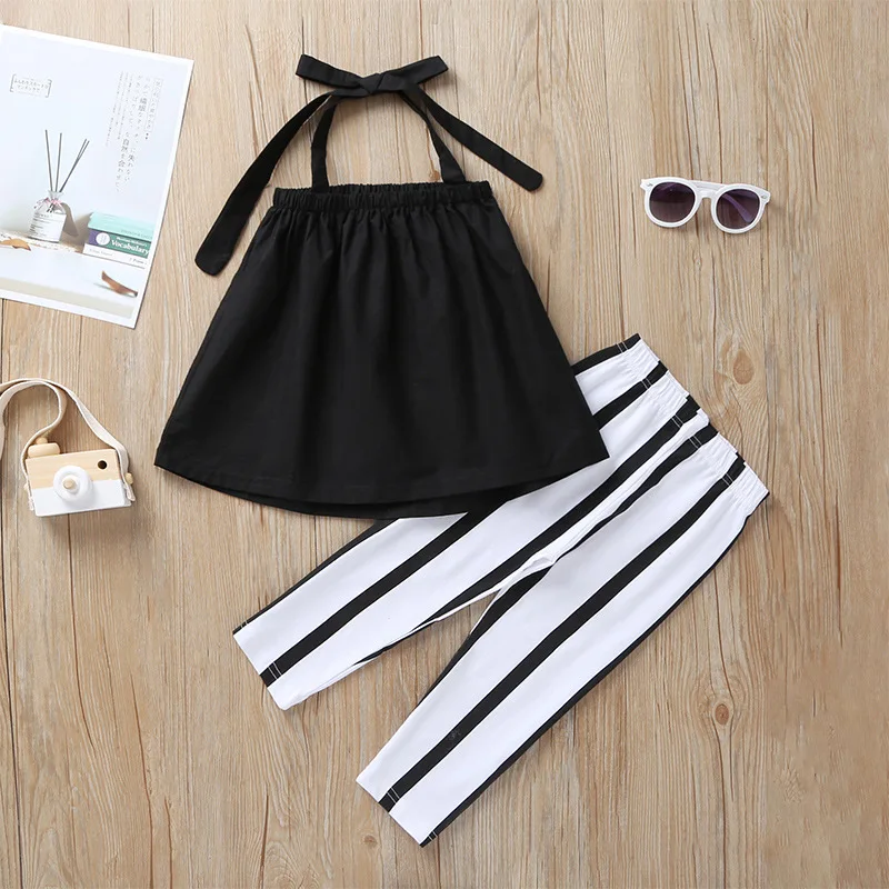 sleeveless Suspenders tops black+stripe pants summer clothes set for girls kids toddler girl outfit fashion 2019 clothing