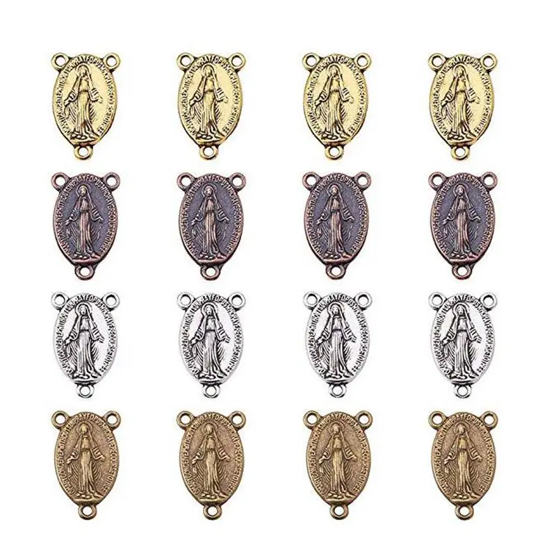 

PandaHall Elite About 100 Pcs Tibetan Style Rosary Miraculous Medal Oval Center Parts Chandelier Virgin Links 4 Colors Jewelry