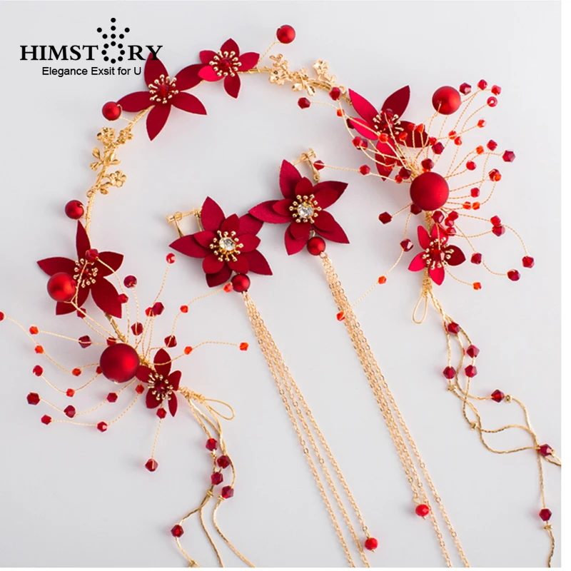

HIMSTORY Charming New Bridal Red Flower Hairband Wedding Pearl Tiaras and Earrings Vintage Chinese Wedding Hair Accessories
