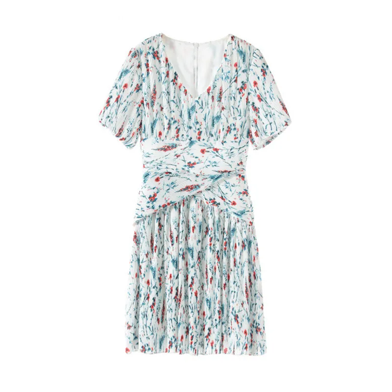 

2019 Holiday Prairie Chic Floral Dress Women V neck Short Sleeve Printed Tunic Pleated Dress Fashion Summer Dress Vestidos