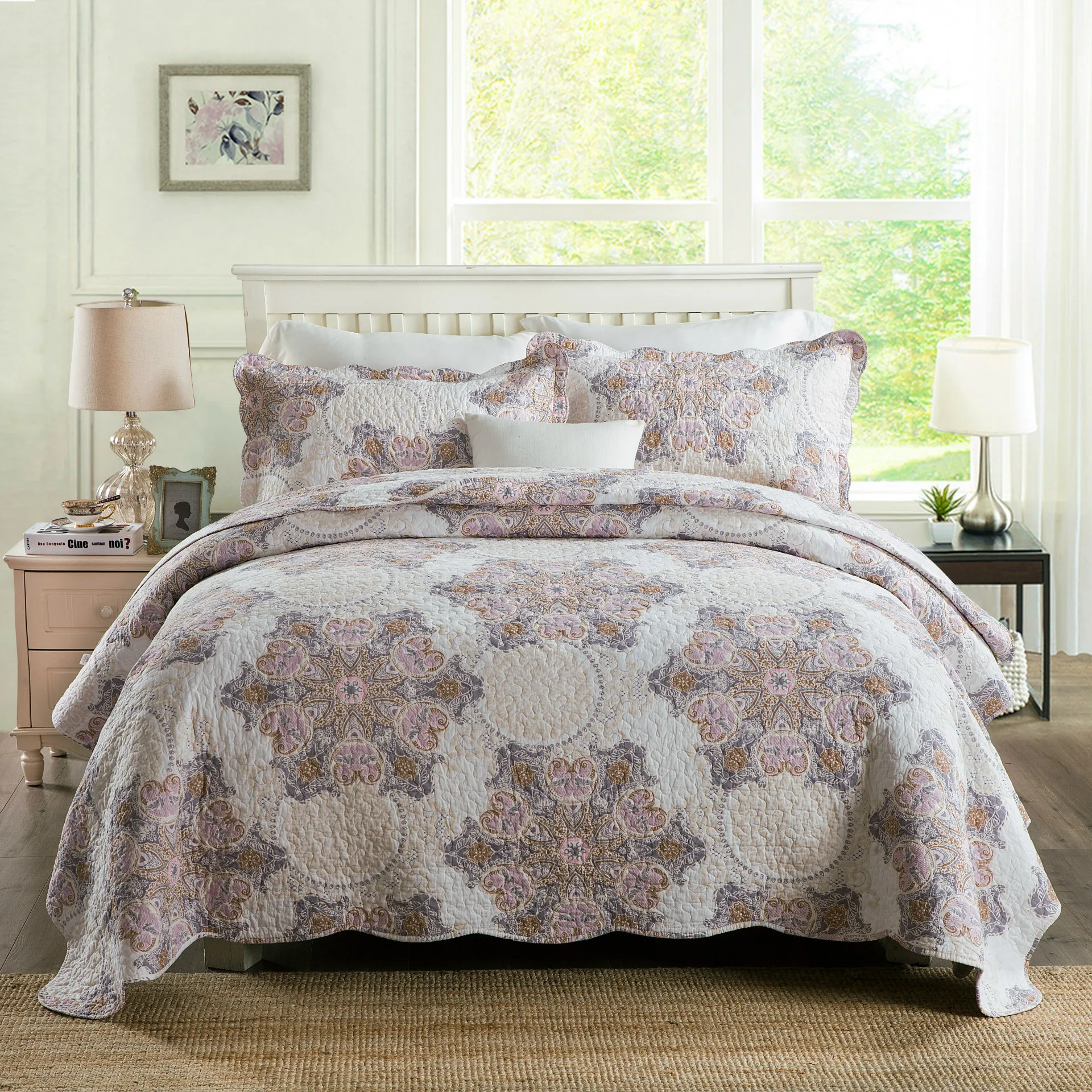 

Europe Cotton Quilting Quitls Bedding 3pcs Sets KingSize Quilt WaterWash Twill Floral Bedspread Embroidery BedCover PillowCase