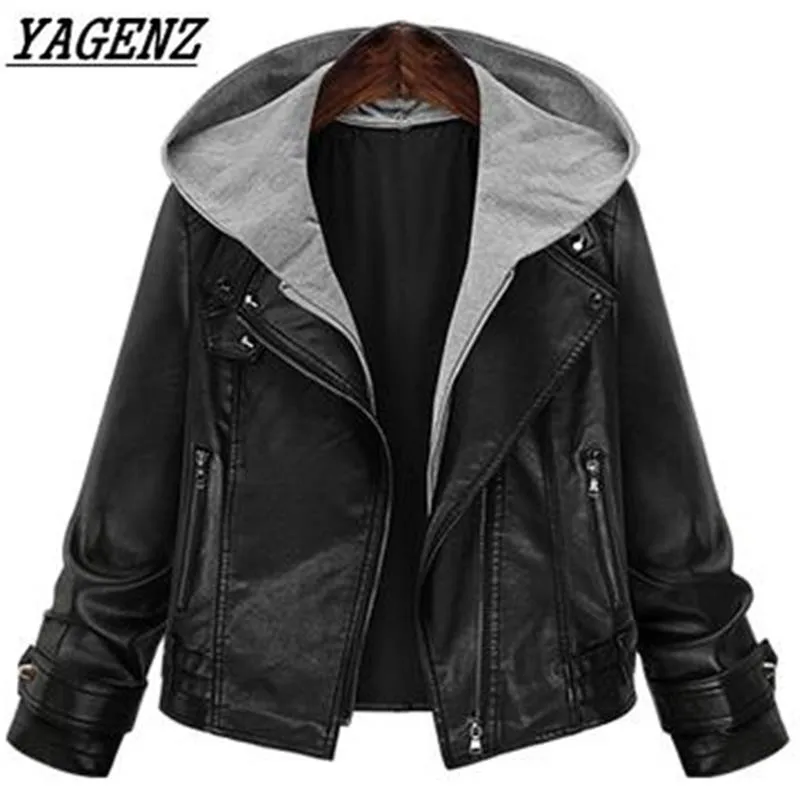 

2018 New Spring PU leather Jacket Women's Loose Hooded Motorcycle Black Female Faux Leather Coat Large size Casual Jackets 5XL