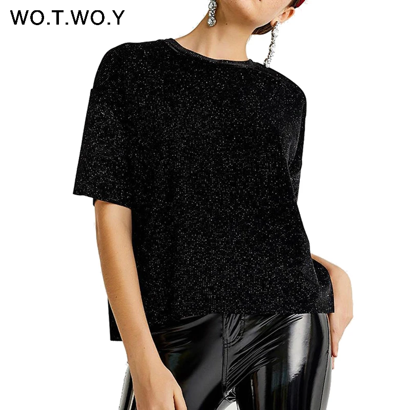 WOTWOY Lurex Sequin Tops Women Summer O-Neck Tee Shirt Women Cotton Short Sleeve Casual T-Shirt Female Solid Shiny T Shirt 2018 WOTWOY Lurex Sequin Tops Women Summer O-Neck Tee Shirt Women Cotton Short Sleeve Casual T-Shirt Female Solid Shiny T Shirt 2018
