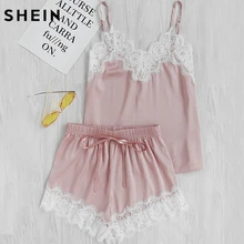 SHEIN Women Sleeping Wear Summer Sexy Pajama Sets Lace Trim Satin Spaghetti Strap Cami Top and Shorts Pajama Set