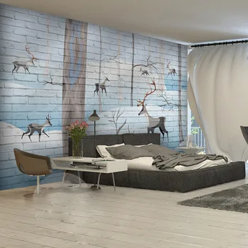 

Cartoon Photo Wall Mural Nordic Elk Forest Grey Brick Wallpapers 3D Children's Room Bedroom Self Adhesive Vinyl / Silk Wallpaper
