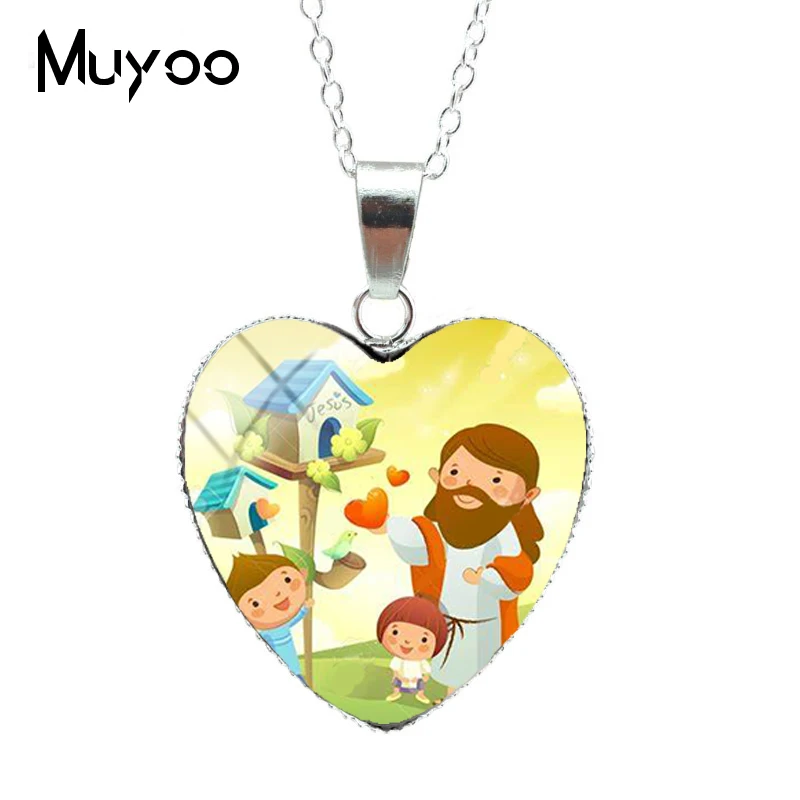 

2019 New Lovely Children and Jesus Cartoon Design Heart Pendants Love Jesus Jewelry Silver Necklace Gifts for Christians HZ3