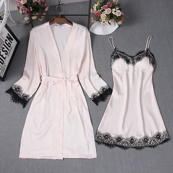 

Women Female Sexy Pajamas Spaghetti Strap Satin Lace Sleepwear Robe Gown Set Summer Silk Female 2Piece Home Clothing Chest Pads