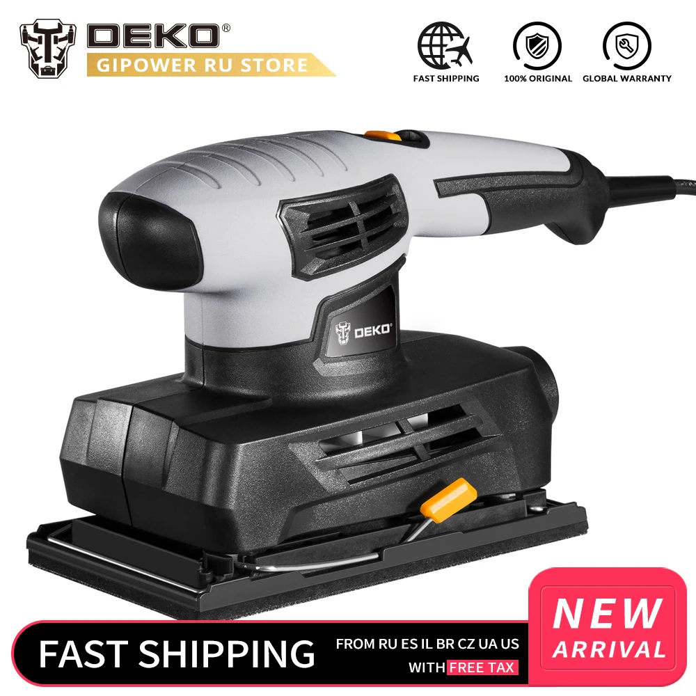 Tanie DEKO QD6520B szlifierka 230V z 15 sztuk papieru ściernego i pyłu spalin 160W elektryczny szlifierka domu DIY elektronarzędzia do obróbki drewna