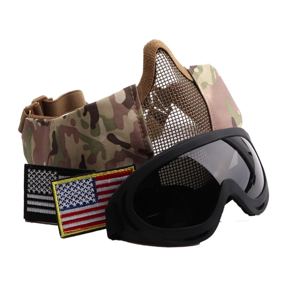 

Anti-Impact Half Metal Steel Mesh Face Mask And UV400 Goggles+Armband Set For Tactical Hunting Paintball Shooting