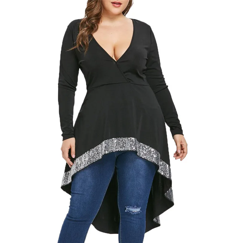 

KWAN_Fashion Casual long sleeve shirt women plus size Sequin Trim High Low Surplice shirt women stripe T-shirt cotton Long Top2#
