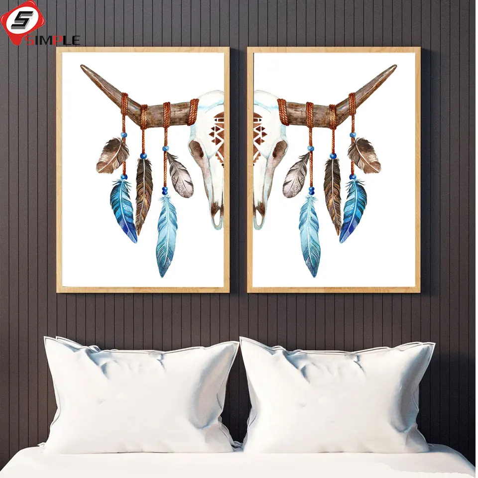 

Bohemian Watercolor Deer Skull Poster Art Prints Buffalo Bull Animal Skull With Feathers Wall Pictures For Living Room Decor