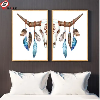 

Bohemian Watercolor Deer Skull Poster Art Prints Buffalo Bull Animal Skull With Feathers Wall Pictures For Living Room Decor