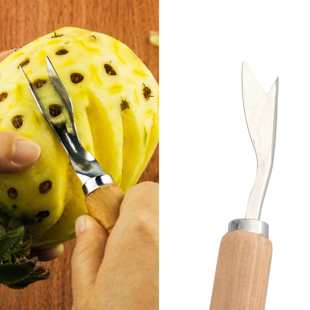 

1PC Wooden Anti Slip Handle 2 Blades Pineapple Fruit Peeler Cutter Stainless Steel Silver Pineapple Knife Fruit Salad Tools