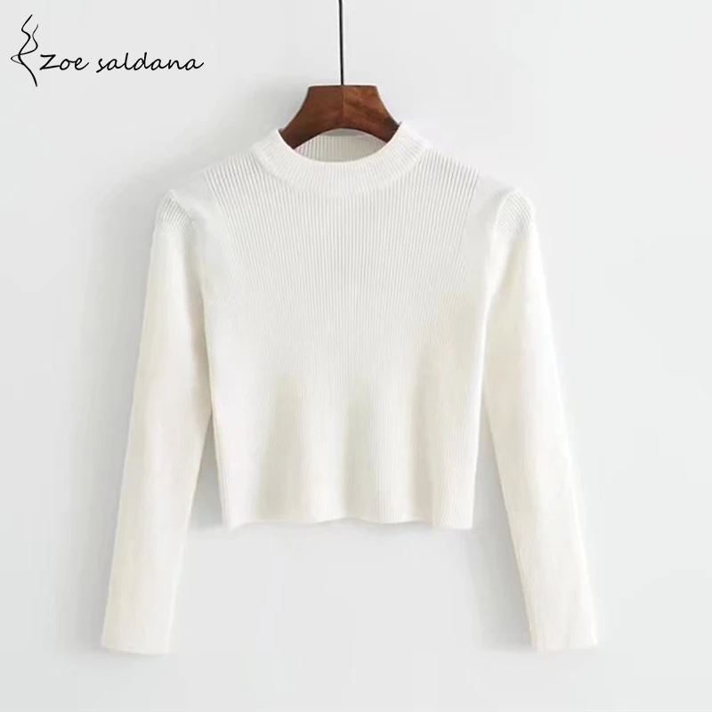

Zoe Saldana Winter Spring Women Girl Fashion Long Sleeve Pullovers Kintted Slim Sweaters Crop Tops Solid O-Neck Sweaters