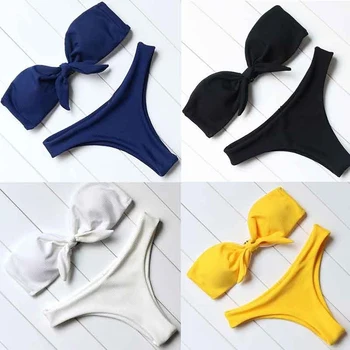 

Tie Knotted Women Bikini Set Ribbed Bandeau Black Push Up Swimwear Summer Beachwear Bathing Suit Maillot De Bain Swimsuit Biquni