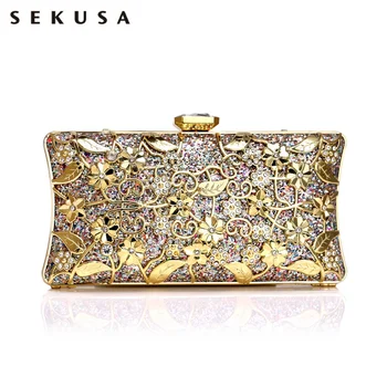 

SEKUSA Diamonds Luxurious Women Day Clutch Hollow Out Metal Wedding Party Evening Bags With Chain Shoulder Handbags Purse