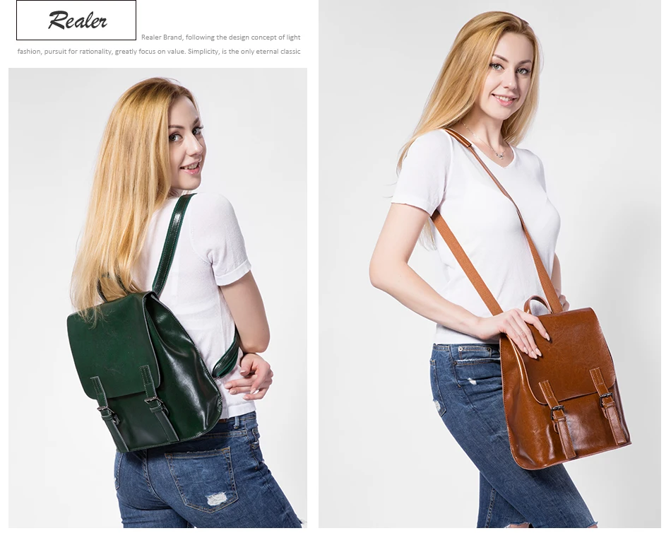 REALER женский рюкзак масло Воск Корова кожаный рюкзак из спилка для подростков школьные рюкзаки для девочек большой емкости коричневые сумки на ремне