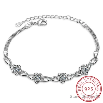 

925 Sterling Silver Bracelets Luxury Clear White Zirconia Plum Blossom Flower Bracelets & Bangles For Women pulseira es prata