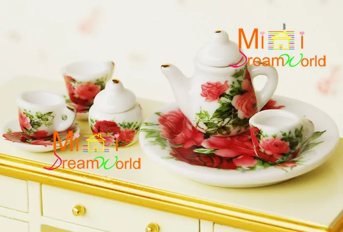 مصغرة دمية مصغرة اكسسوارات أثاث فور بلوم روز الخزف أطقم شاي من 8 مصغرة دمية مصغرة اكسسوارات أثاث فور بلوم روز الخزف أطقم شاي من 8