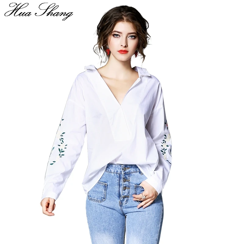 White Embroidered V-neck Long Sleeves Blouses