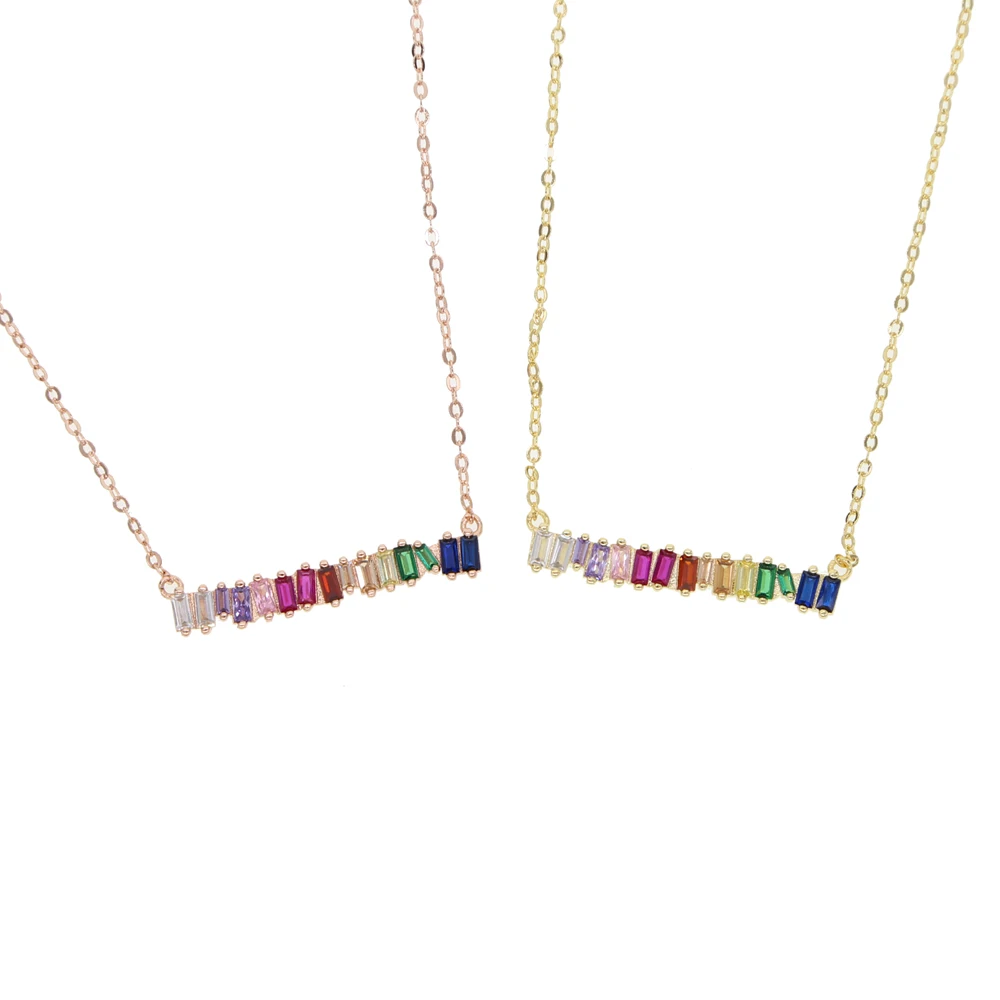 

Shiny rainbow baguette cz bar pendant women choker necklace big color stones thin chain gold filled trendy jewelry as gift 2019