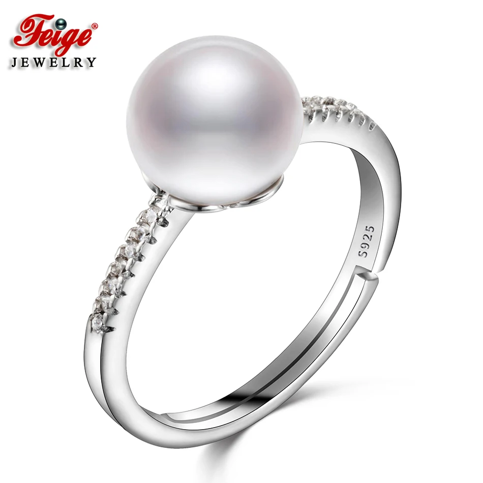 Натуральная чистая кольца из стерлингового серебра 925 для женщин Свадебные украшения 9-10 мм белый пресноводный жемчуг ювелирные изделия