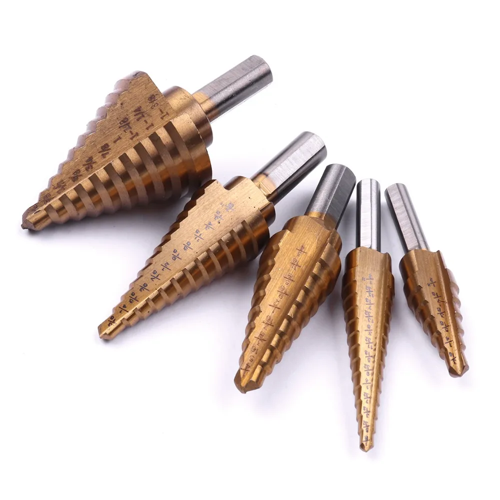 

Best Quality 5Pcs/Set HSS Titanium Step Drill Bit Triangle Shank Straight Flute 6/9/10/12 Steps Stepped Drills For Woodworking