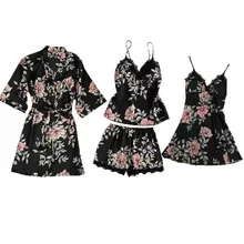 Черный женский комплект из 4 предметов: топ на бретелях и штаны Пижама комплекты одежды для сна Весенняя домашняя ночная рубашка соблазнительное кимоно Халат