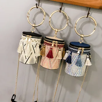

2019 New Japan Style Bucket Cylindrical Straw Bags Barrel-Shaped Woven Women Crossbody Bags Metal Handle Shoulder Tote Bag MQ-69