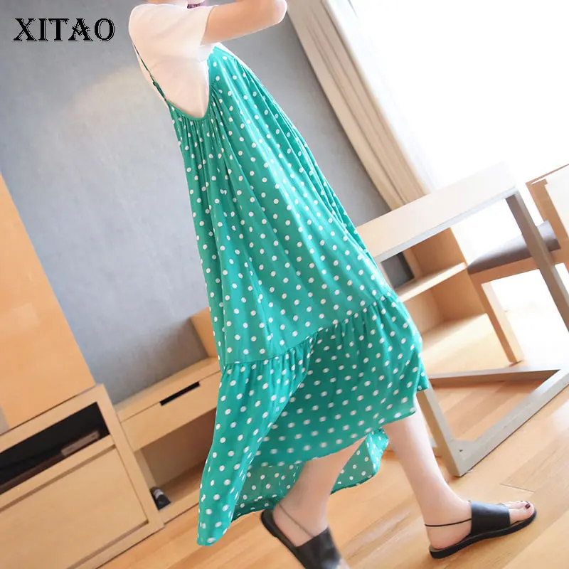 XITAO False Two Piece Midi Dress Women Clothes 2019 V Neck Dot Irregular Perspective Summer Korea Fashion Pullover WBB4342 | Женская