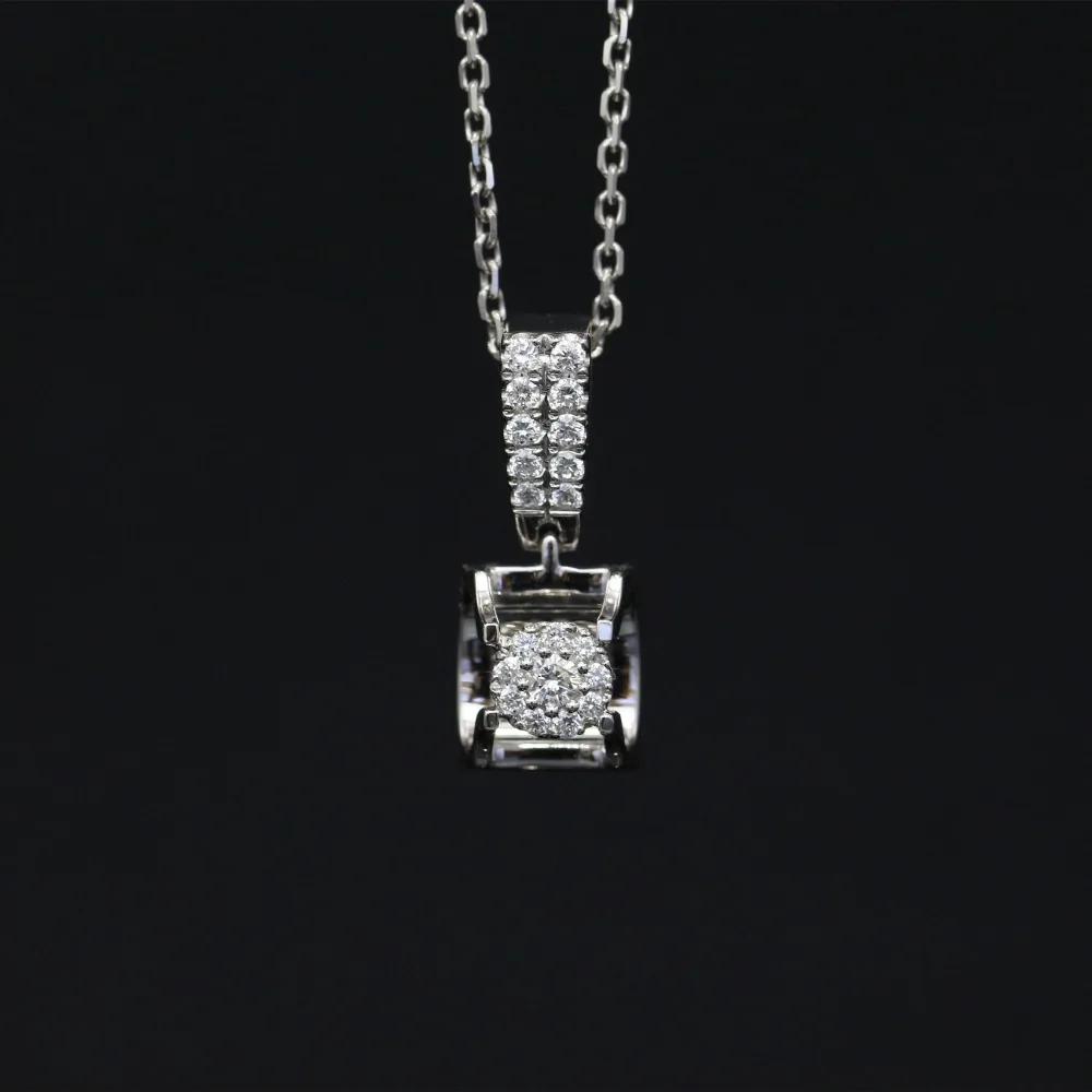 

LASAMERO Halo 0.038CT 18k Gold Round Cut Square Center Pave Set Natural Diamond Pendant Necklace Chain Women Fine Jewelry
