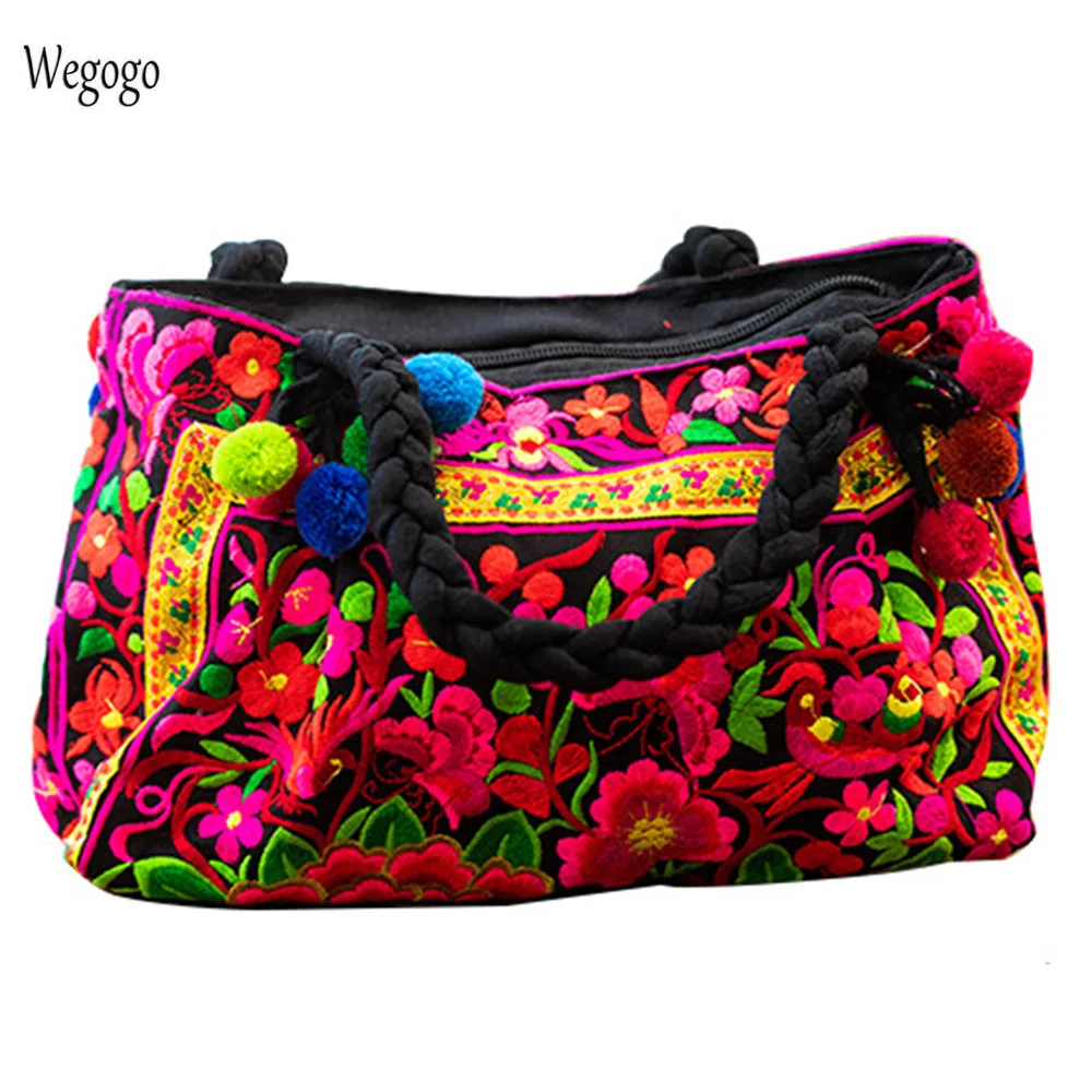 

2019 New National Women Handbags Handmae Double Side Floral Embroidered Totes Lady Shoulder Bag Shopping Travel Beach Bags