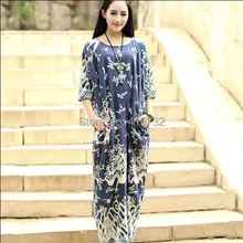 ; Модель года новая мода китайский дракон печати Винтаж свободные плюс Размеры Длинные до середины икры цельный платье для Для женщин летние льняные