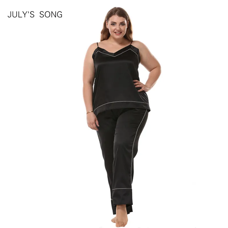 

JULY'S SONG Big Size Women Sleepwear Set Sleeveless Pyjamas Faux Silk Nightwear Sling And Pants Long Sleepwear Stain Homewear