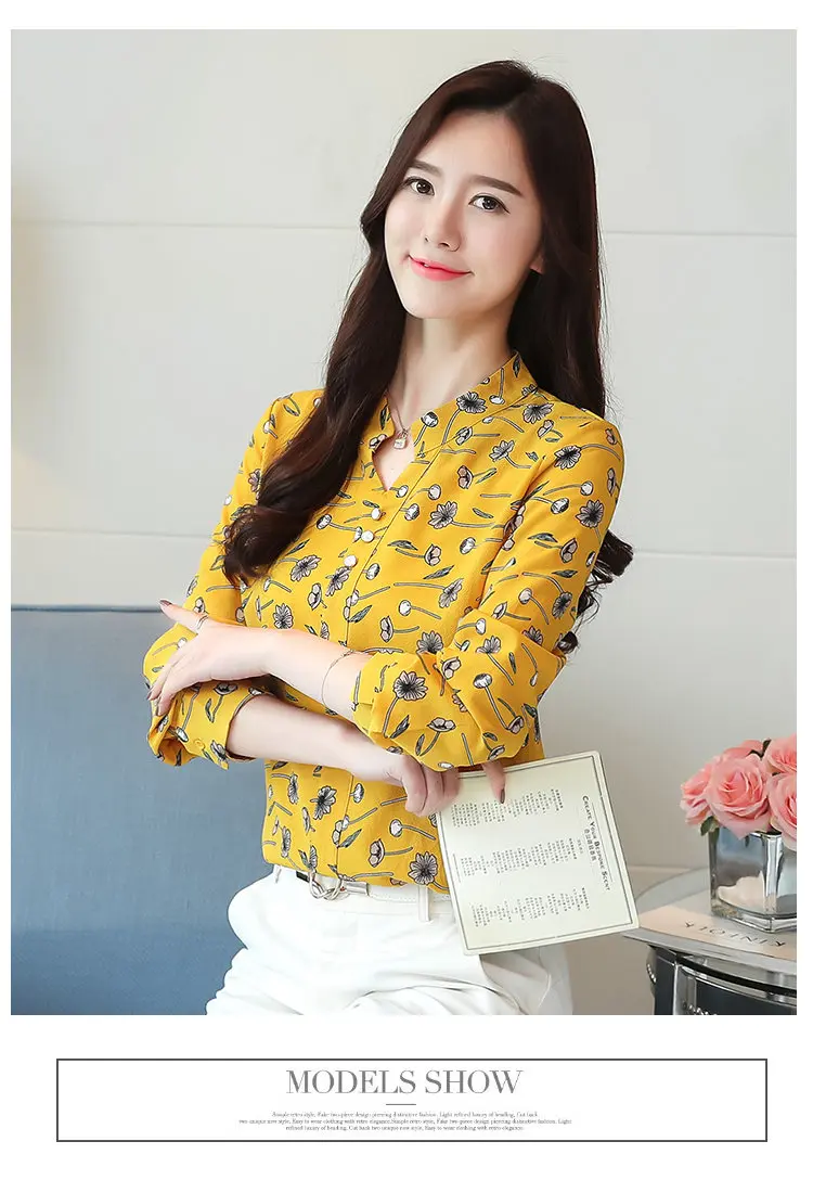 2019 New Autumn Chiffon Blouse Women Ladies Shirts Floral Print Blusas Mujer V-neck Long Sleeve Shirt Women Tops Plus Size (11)